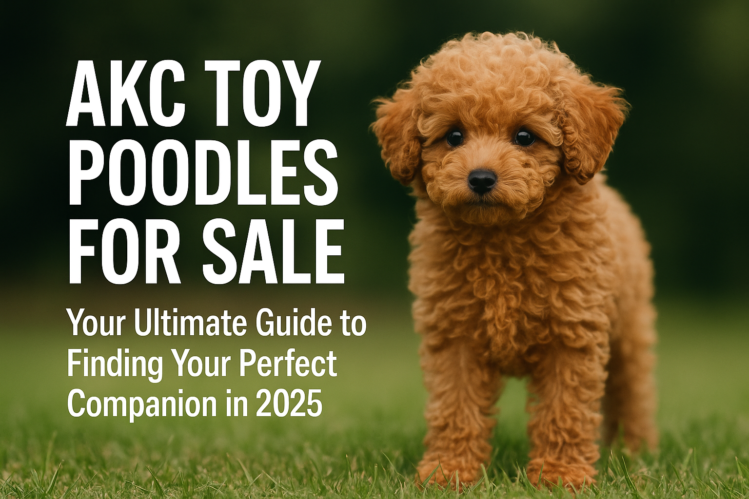 Professional landscape hero image (1536x1024) with bold text overlay: "AKC Toy Poodles for Sale: Your Ultimate Guide to Finding Your Perfect