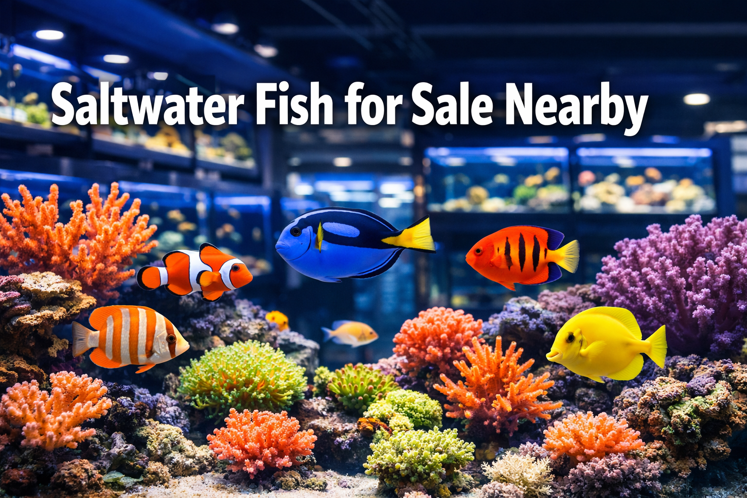 Professional landscape hero image (1536x1024) featuring bold text overlay 'Saltwater Fish for Sale Nearby' in extra large 70pt white sans-se