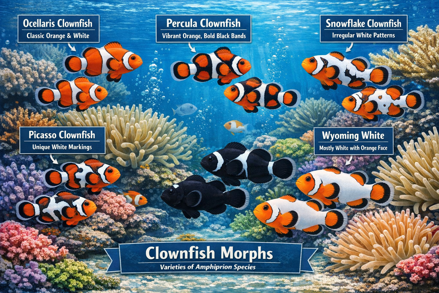 Detailed underwater scene showing various clownfish morphs including ocellaris, percula, and designer varieties like snowflake and picasso c