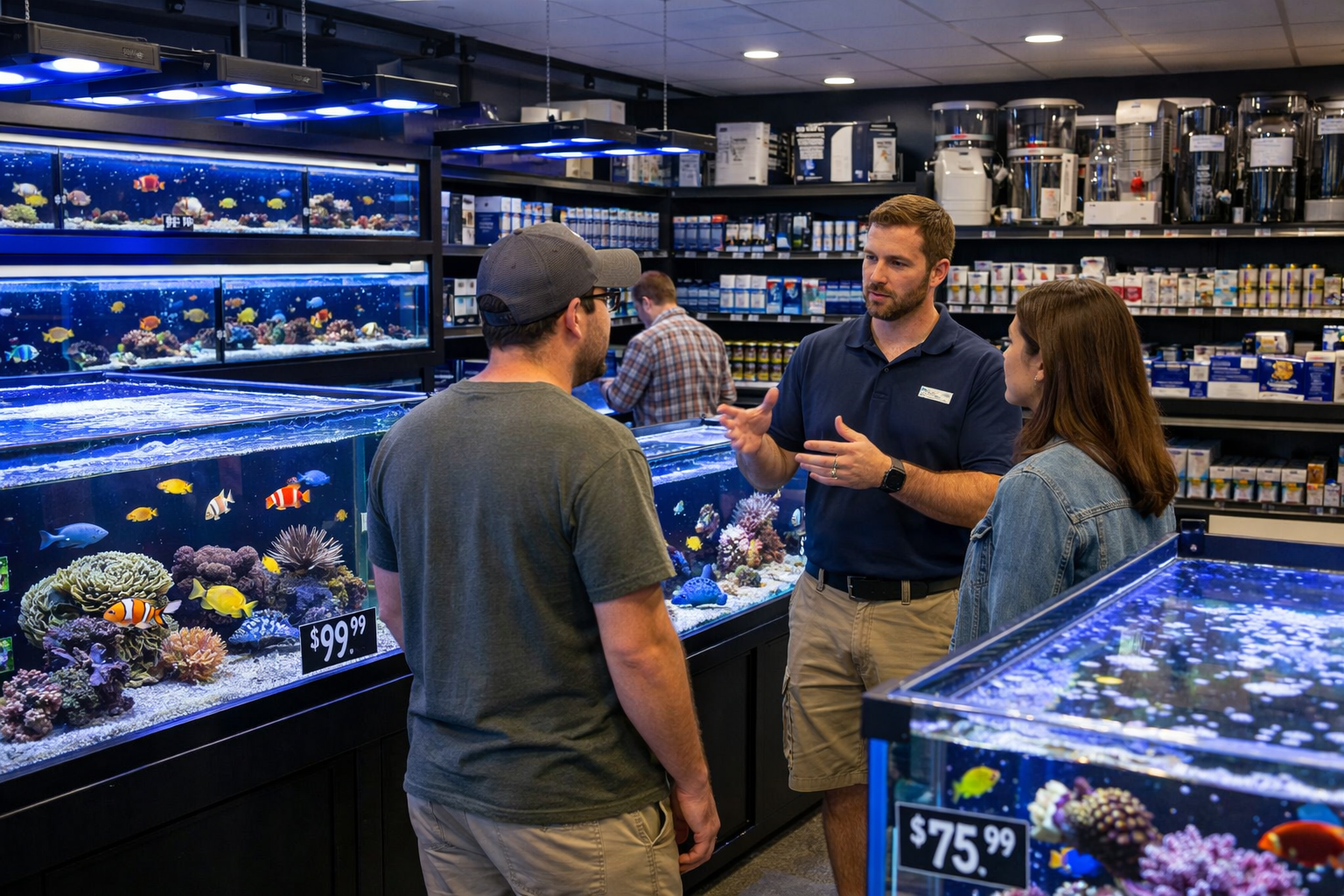 Professional aquarium store interior with multiple display tanks containing different saltwater fish species, customers browsing, knowledgea