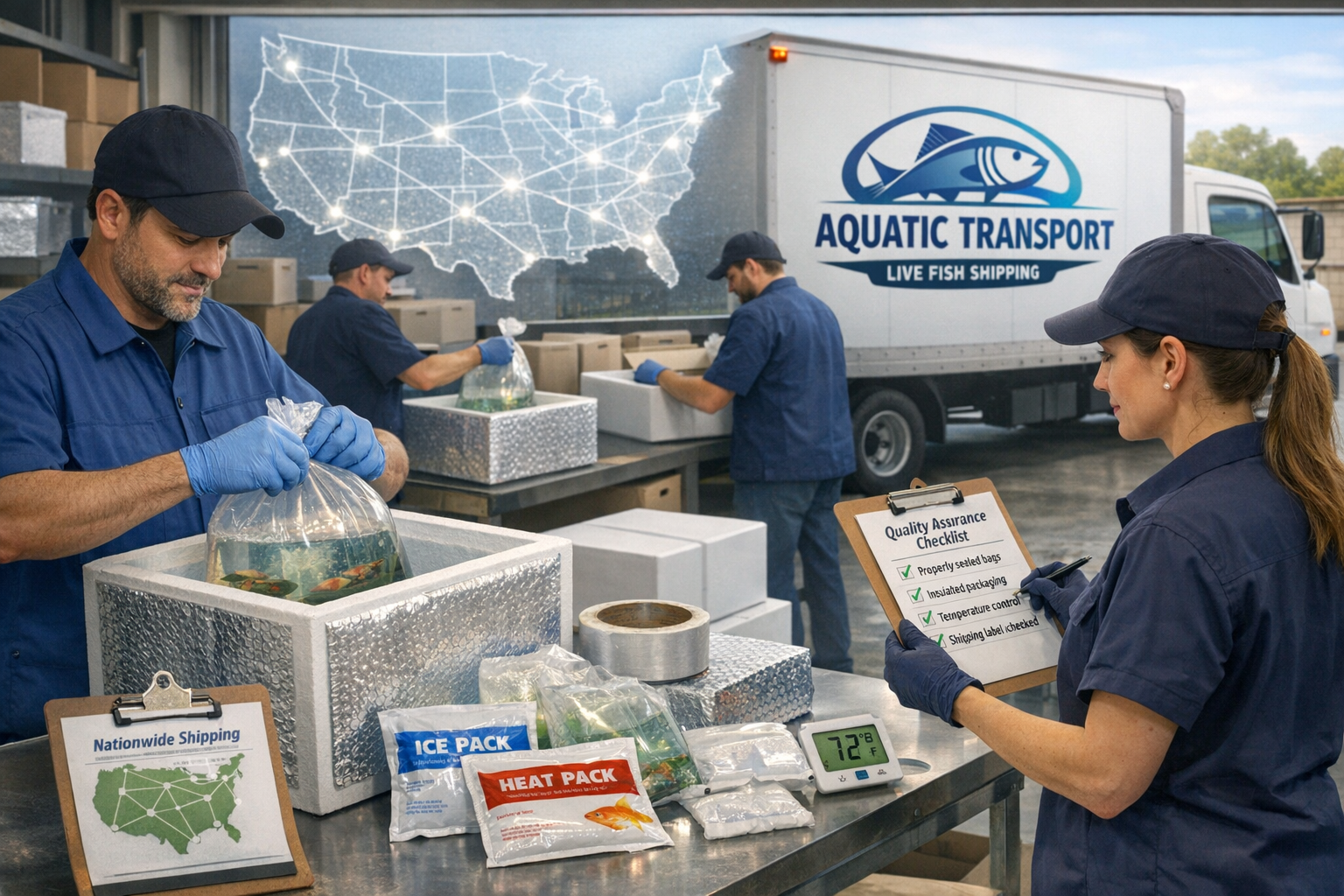 Modern shipping facility showing live fish packaging process, insulated shipping boxes, oxygen bags, temperature control materials, delivery