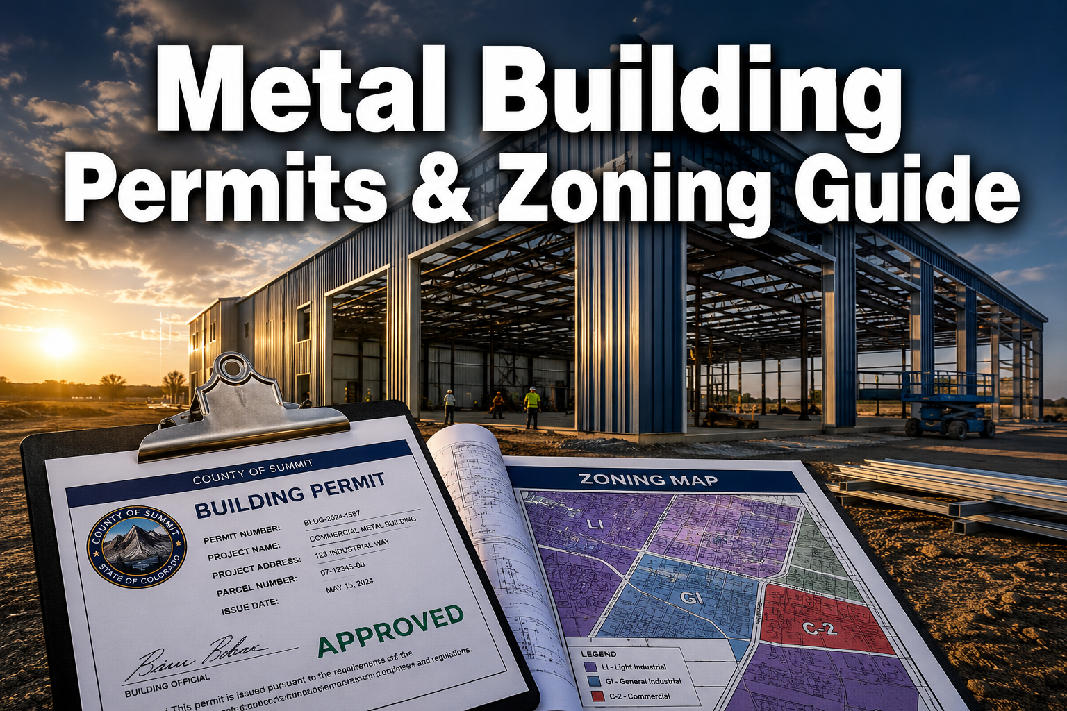 Professional () hero image with : 'Metal Building Permits & Zoning Guide' in extra large white with dark drop , centered in