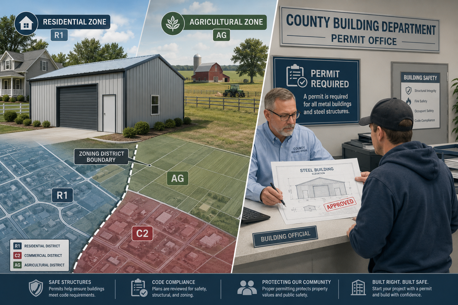Detailed () infographic-style illustration showing a split-scene: left side depicts a residential neighborhood with a metal