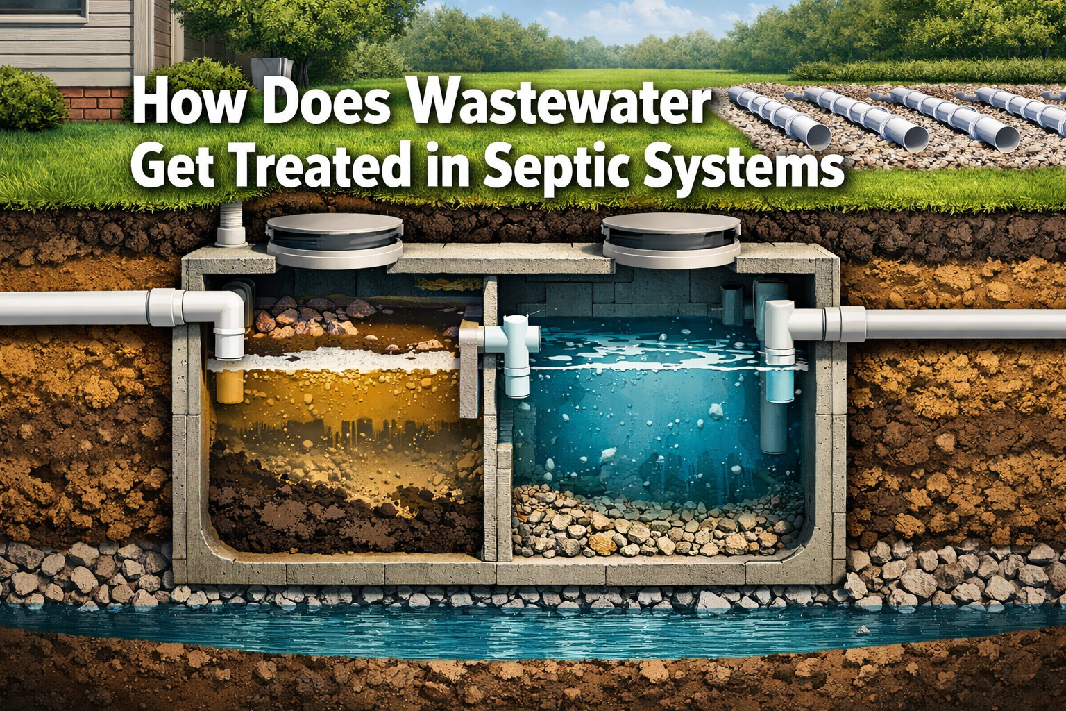 Professional landscape format (1536x1024) hero image featuring bold text overlay 'How Does Wastewater Get Treated in Septic Systems' in extr