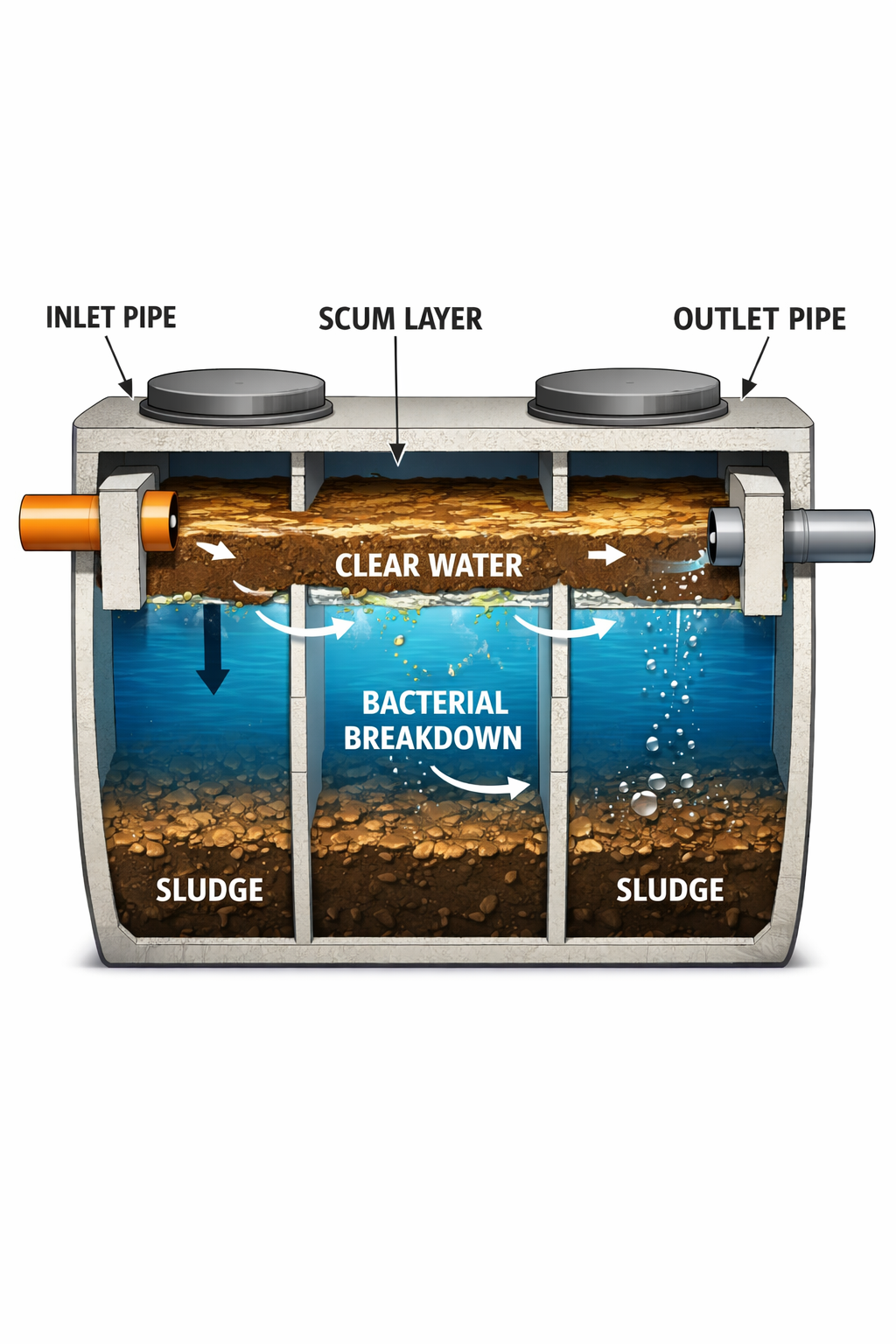 Portrait format (1024x1536) detailed cutaway diagram of septic tank showing three distinct chambers with wastewater flow arrows, scum layer 