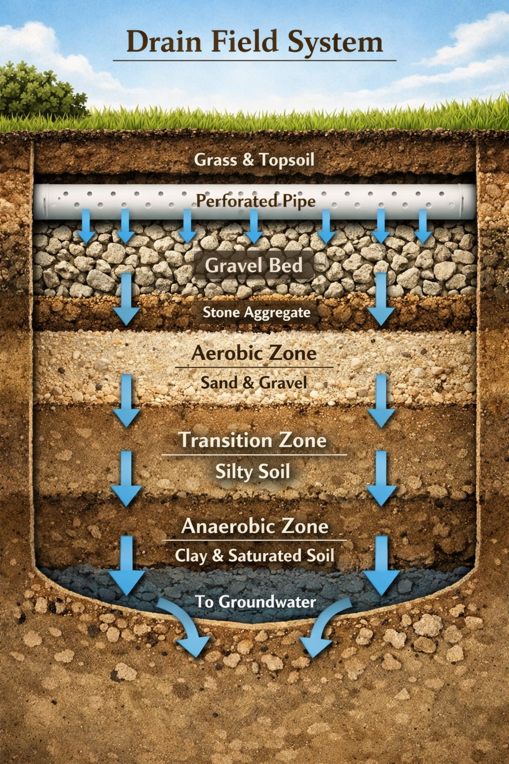 Portrait format (1024x1536) underground view of drain field system showing perforated pipes distributing treated effluent through gravel bed