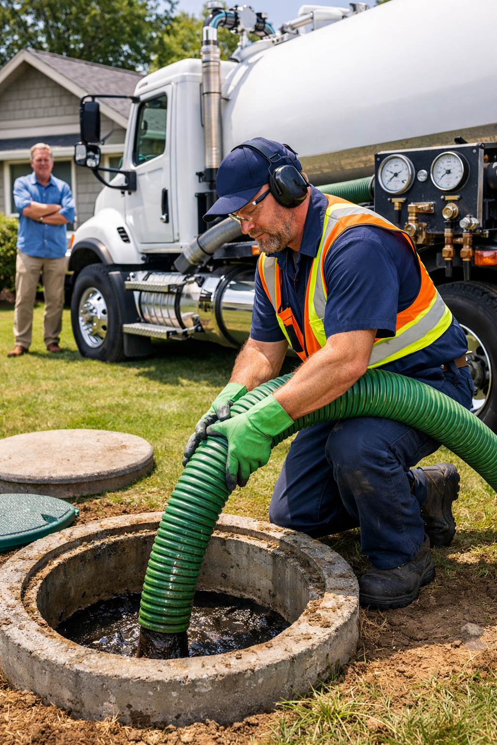 Portrait format (1024x1536) maintenance scene showing septic professional using pump truck to remove sludge from open septic tank. Equipment