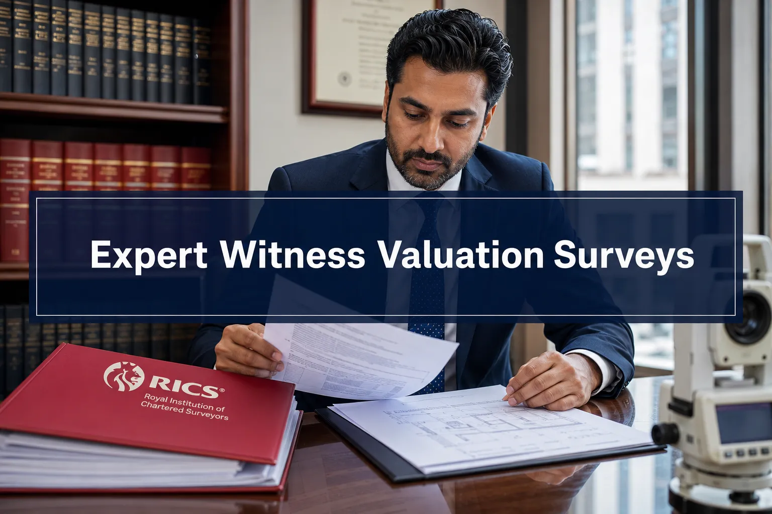 Professional () hero image with (≤42 chars): 'Expert Witness Valuation Surveys' in crisp white on a deep navy
