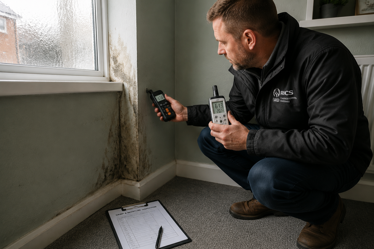 Wide-angle editorial photograph of a professional chartered building surveyor crouching beside a ground-floor social housing