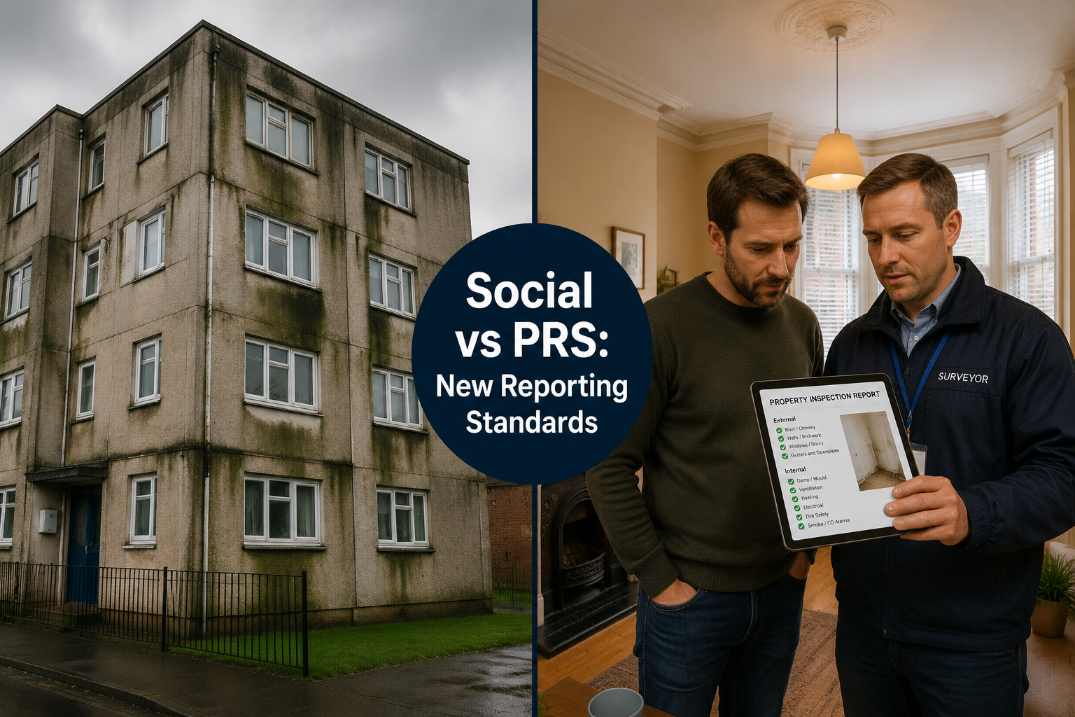Split-scene landscape image contrasting two property types side by side: left half shows a social housing tower block