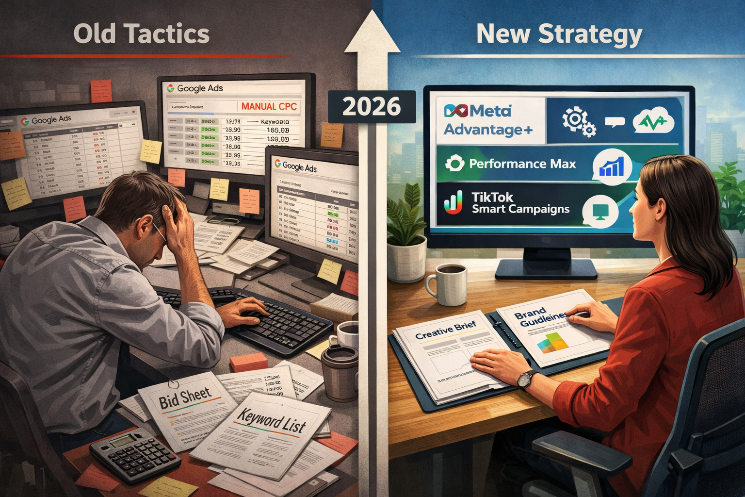 Landscape format (1536x1024) editorial illustration showing transformation of marketer roles with split comparison design. Left panel labele