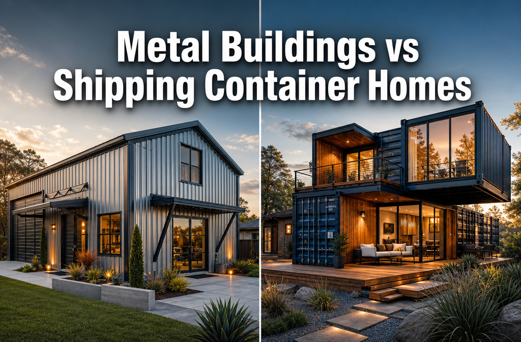 Professional () hero image with : 'Metal Buildings vs Shipping Container Homes' in extra large white with dark drop ,