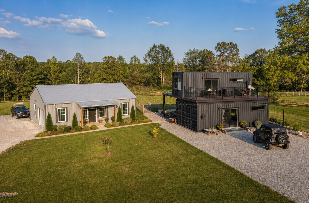 Detailed () aerial perspective photograph-style illustration showing two completed residential structures side by side on