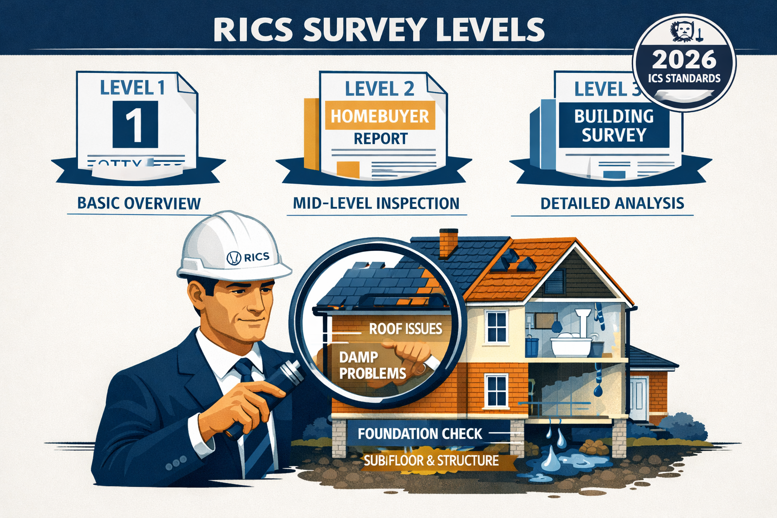 Detailed () editorial illustration showing a side-by-side comparison infographic of three RICS survey levels — Level 1,