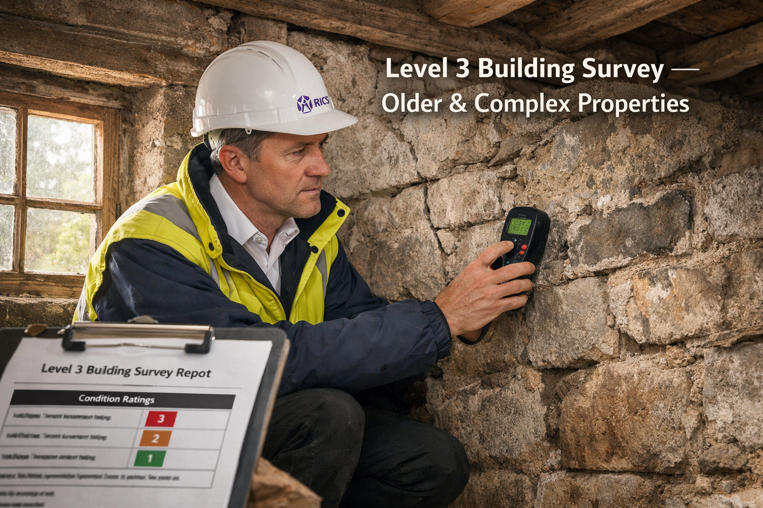 Detailed () close-up editorial photograph of a RICS-accredited surveyor crouching inside a Victorian-era property, using a
