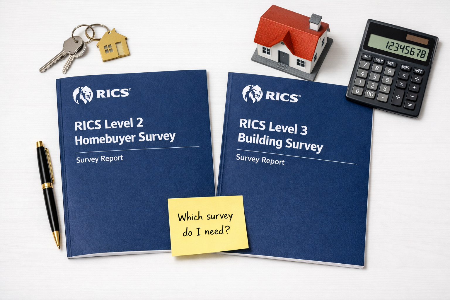Detailed () overhead flat-lay editorial photograph of a wooden desk showing two property survey reports side by side — one