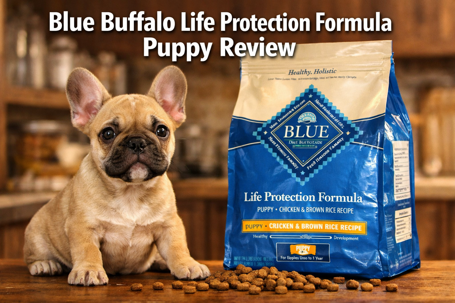 Professional landscape format (1536x1024) hero image with bold text overlay 'Blue Buffalo Life Protection Formula Puppy Review' in extra lar
