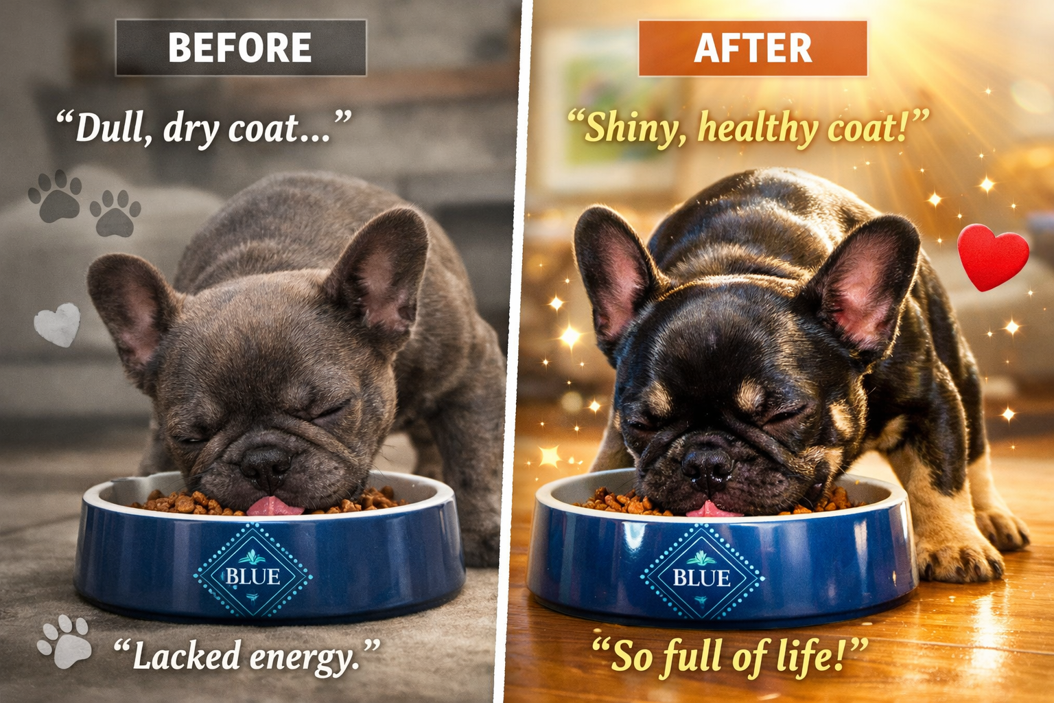 Portrait format (1024x1536) image of happy French Bulldog puppy eating from Blue Buffalo bowl with visible enjoyment, before/after split sho