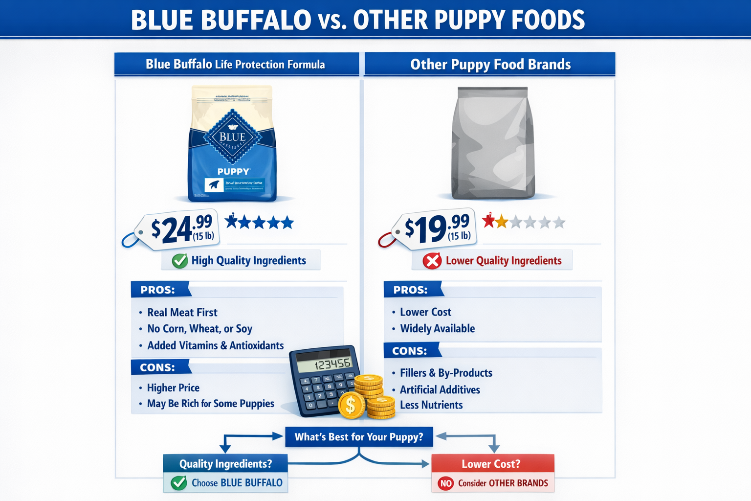 Portrait format (1024x1536) comparison chart showing Blue Buffalo Life Protection Formula versus other puppy food brands, price tags, star r