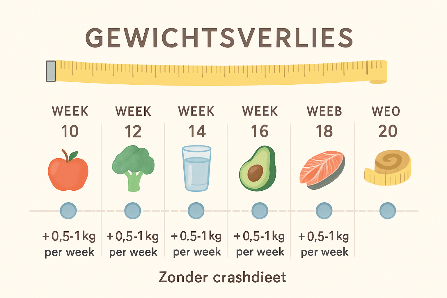 Realistic timeline infographic showing 10-20 week weight loss journey with weekly milestones, calendar layout, progress markers, healthy foo