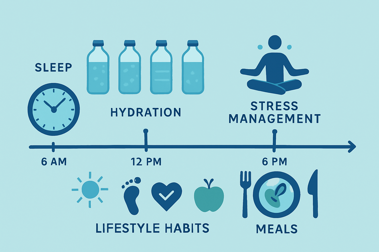 Daily routine timeline illustration showing hydration tracking with water bottles, sleep schedule clock, stress management activities, meal