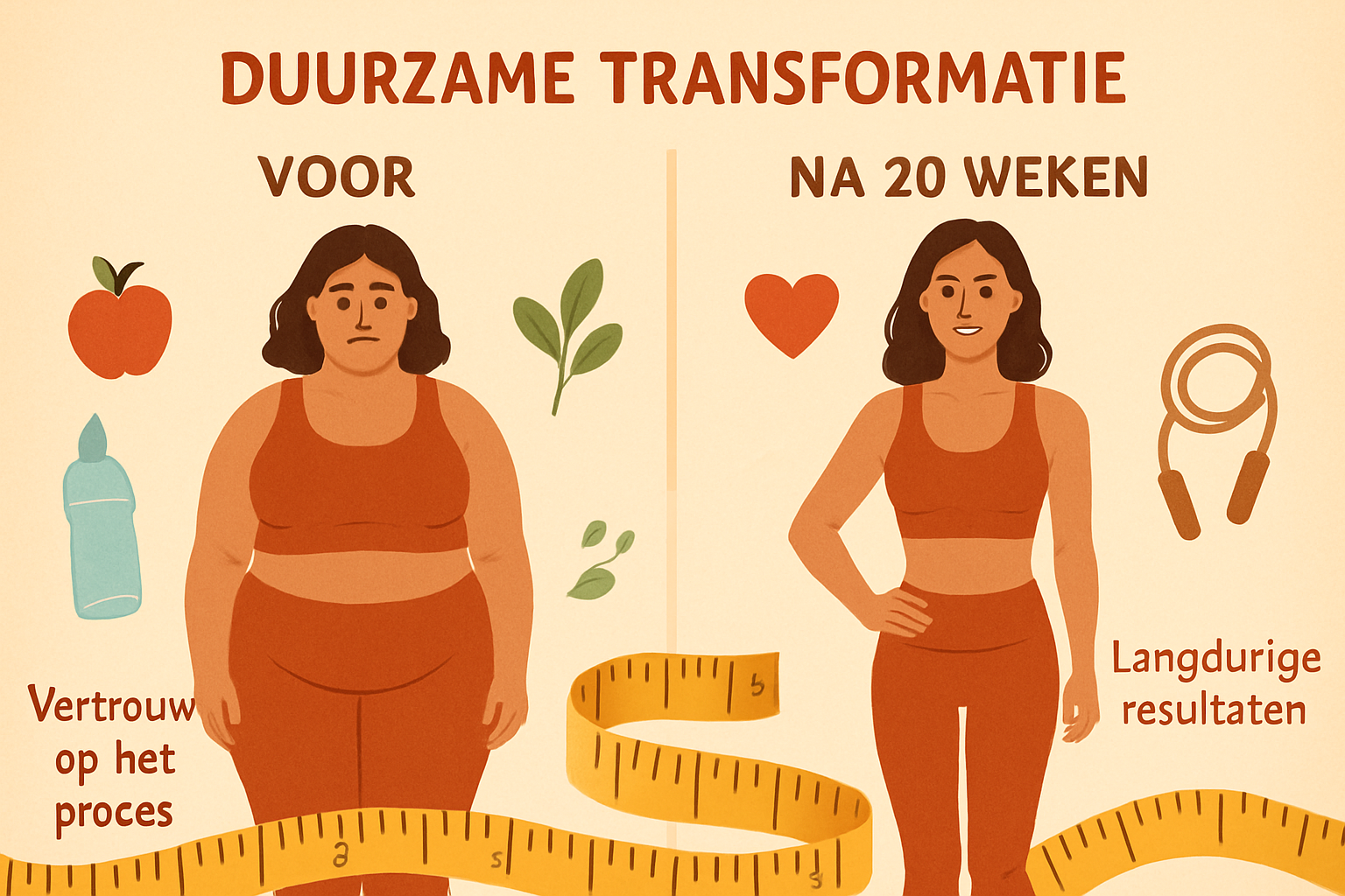 Before and after comparison layout showing sustainable transformation over 20 weeks, measuring tape, healthy lifestyle elements, progress ph