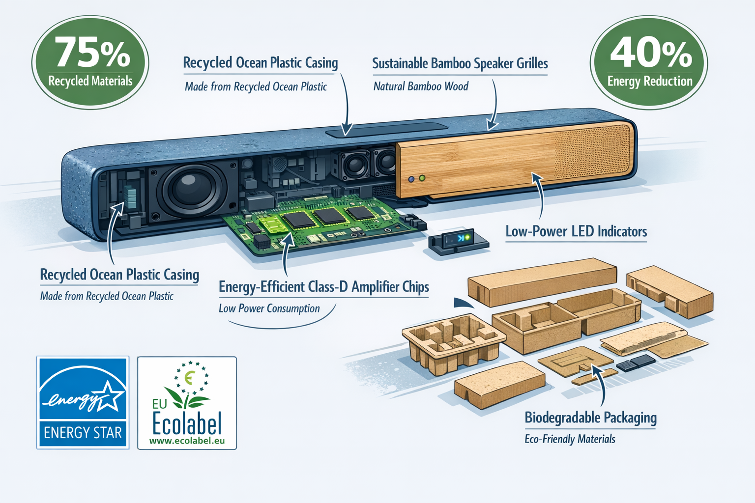 Landscape format (1536x1024) detailed infographic showing cross-section of eco-friendly soundbar construction with labeled components: recyc