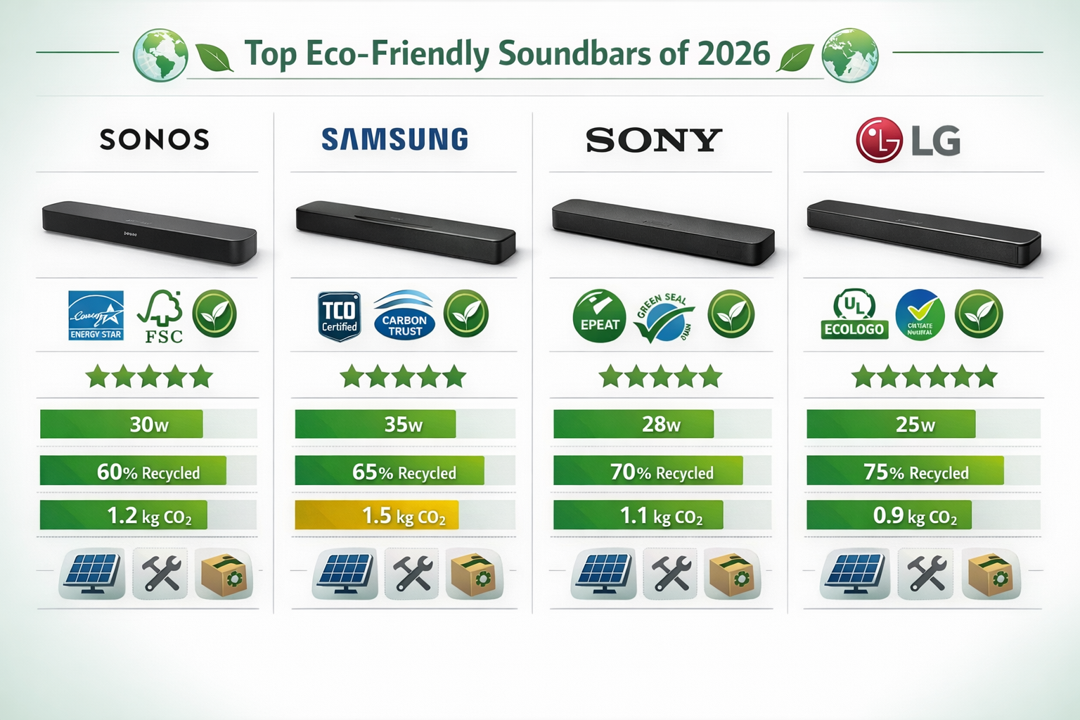 Landscape format (1536x1024) comparison chart displaying top eco-friendly soundbar models from major manufacturers in 2026. Visual grid layo