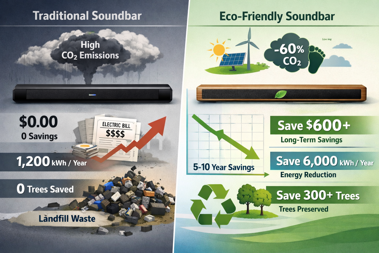 Landscape format (1536x1024) conceptual illustration showing long-term cost savings and environmental impact of eco-friendly soundbars. Spli