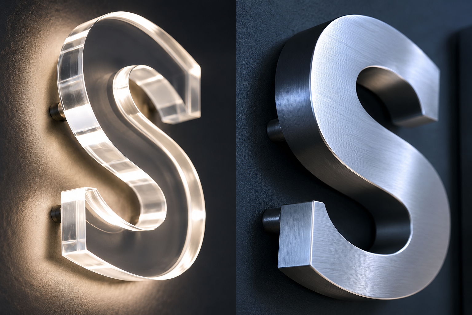 Close-up comparison of a glossy, halo-lit acrylic dimensional letter beside a brushed aluminum channel letter, showing the different surface finishes.