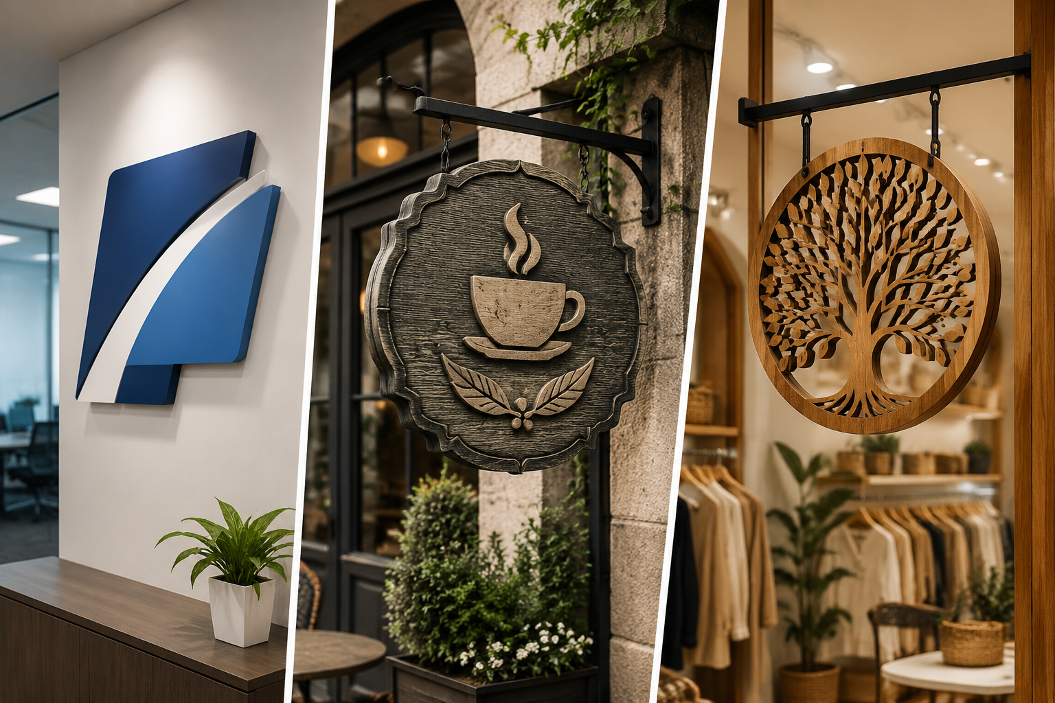 PVC, HDU foam, and wood signs shown across settings - a clean PVC office sign, a carved HDU cafe storefront sign, and a natural wood sign - illustrating different use-case fits.