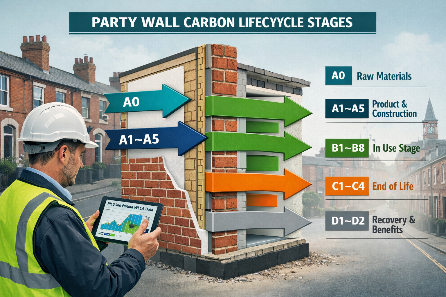 Detailed () infographic-style image showing a cross-section diagram of a UK terraced house party wall with labeled carbon