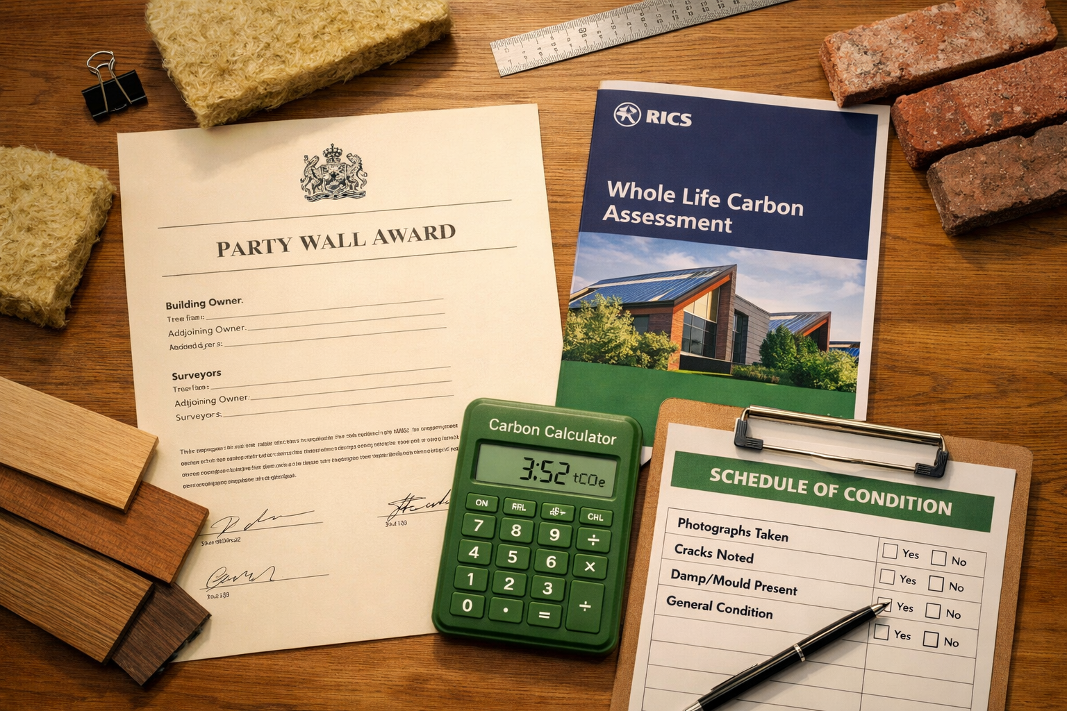 () showing a formal party wall award document on a desk alongside a whole life carbon assessment report booklet with RICS
