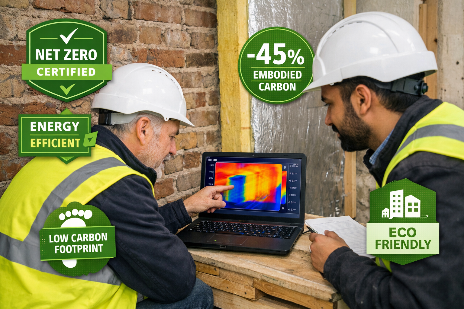 () depicting a net zero compliance case study scene: two chartered surveyors in high-visibility vests standing beside a