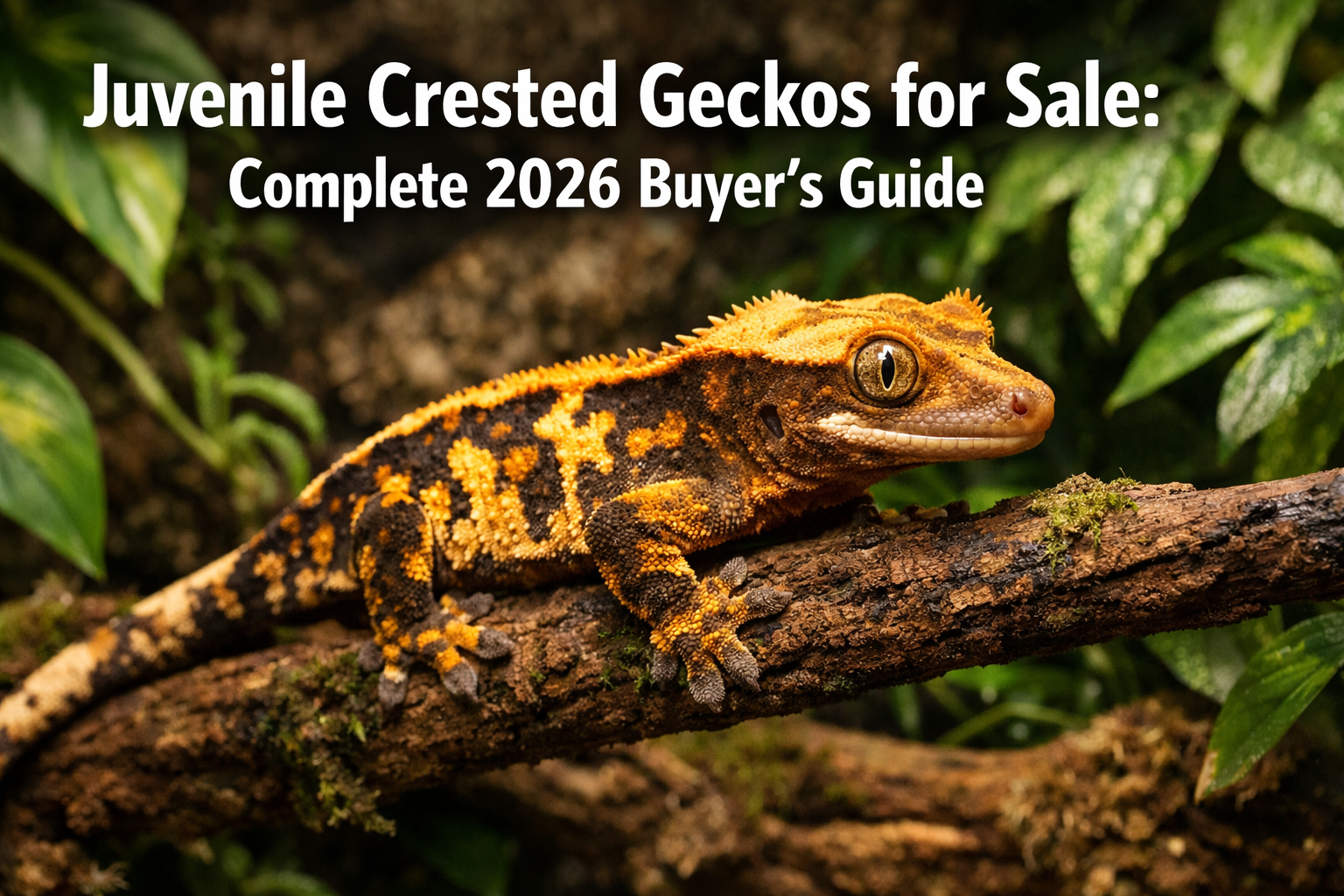 Professional landscape format (1536x1024) hero image featuring bold text overlay 'Juvenile Crested Geckos for Sale: Complete 2026 Buyer's Gu