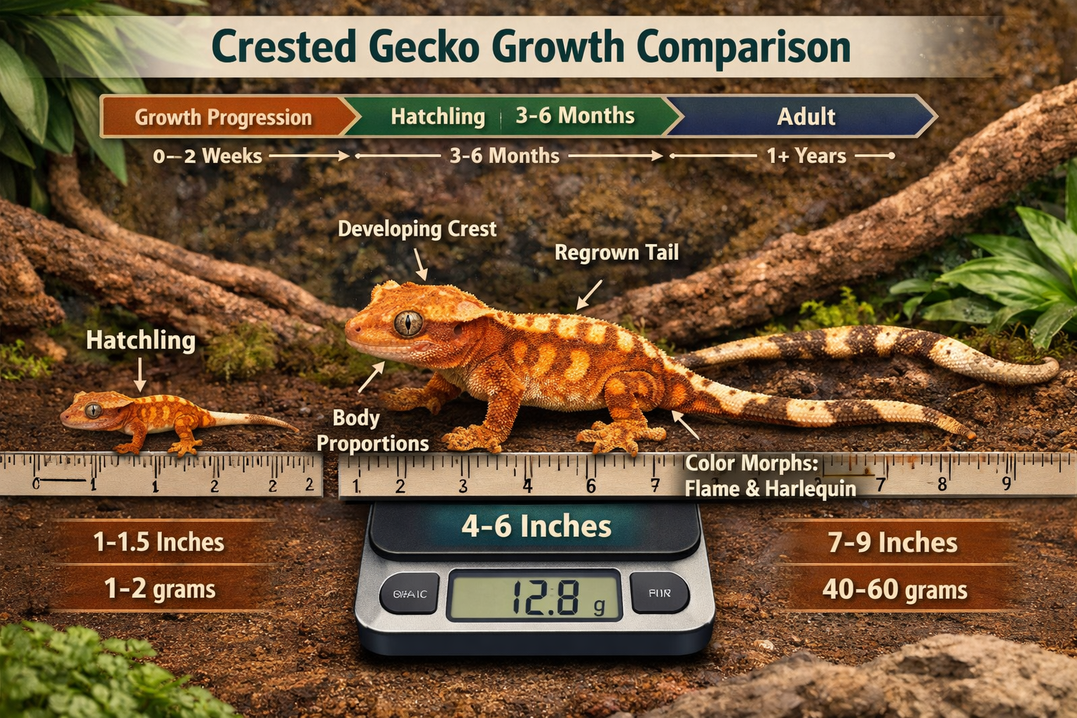 Landscape format (1536x1024) showing size comparison chart with juvenile crested gecko (3-6 months old) next to hatchling and adult specimen
