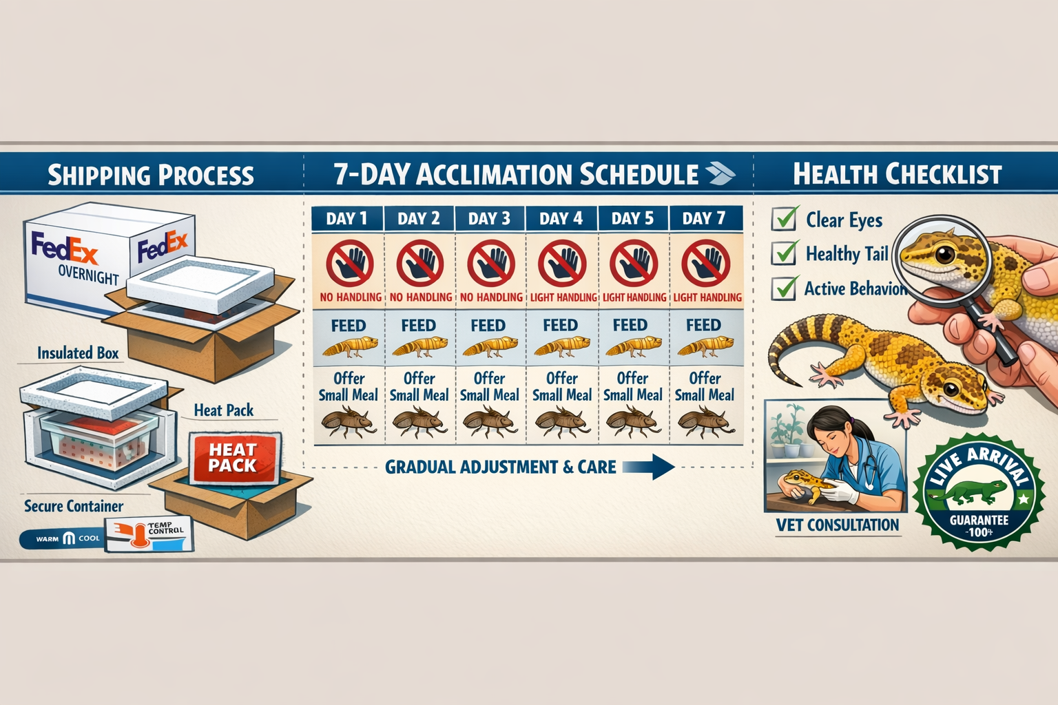 Landscape format (1536x1024) featuring shipping and care timeline infographic: left section shows FedEx overnight box with heat pack and ins
