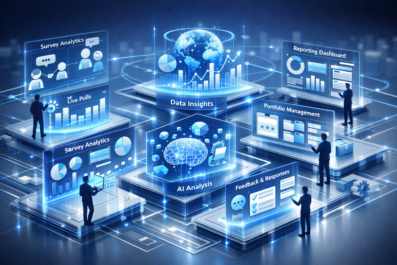 Futuristic isometric visualization of survey technology ecosystem for 2026, featuring interconnected digital platforms with translucent netw