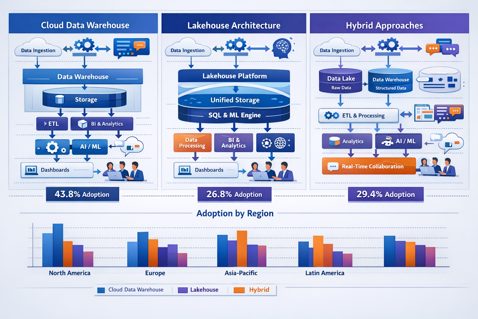 Detailed landscape format (1536x1024) comparative visualization showing side-by-side analysis of different survey platform architectures. Le