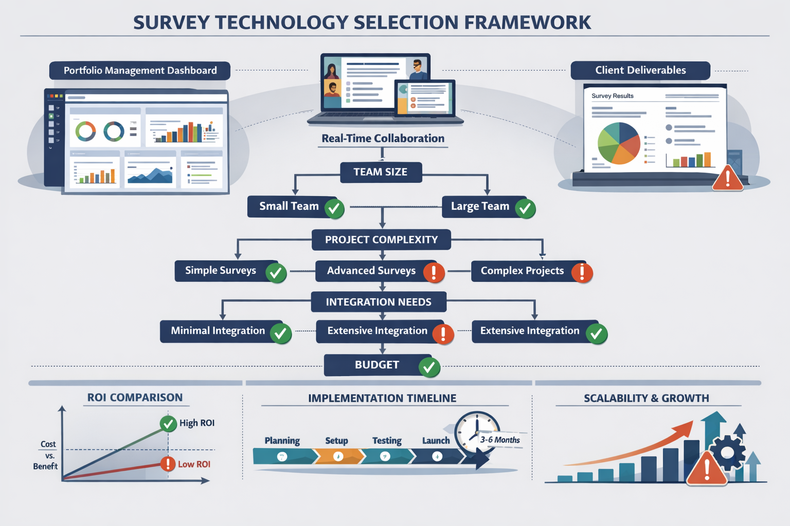 Detailed landscape format (1536x1024) strategic decision-making framework illustration for survey technology selection. Central decision tre