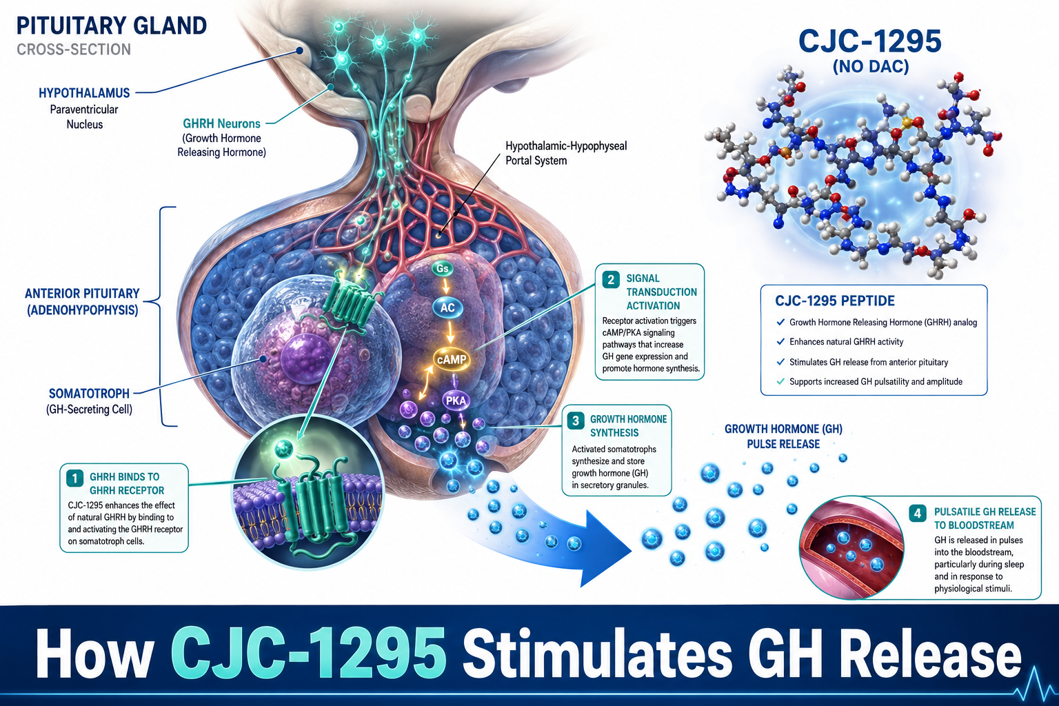 Detailed () scientific illustration showing a cross-section diagram of the human pituitary gland with glowing signal