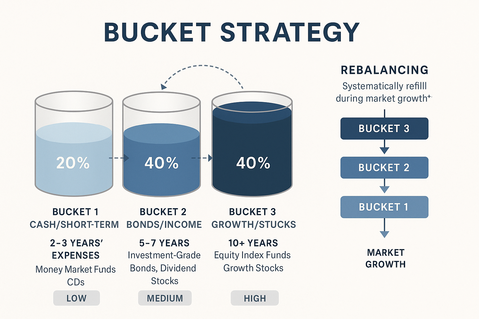 Comprehensive visual diagram (1536x1024) illustrating the bucket strategy for retirement portfolio management. Three distinct buckets shown