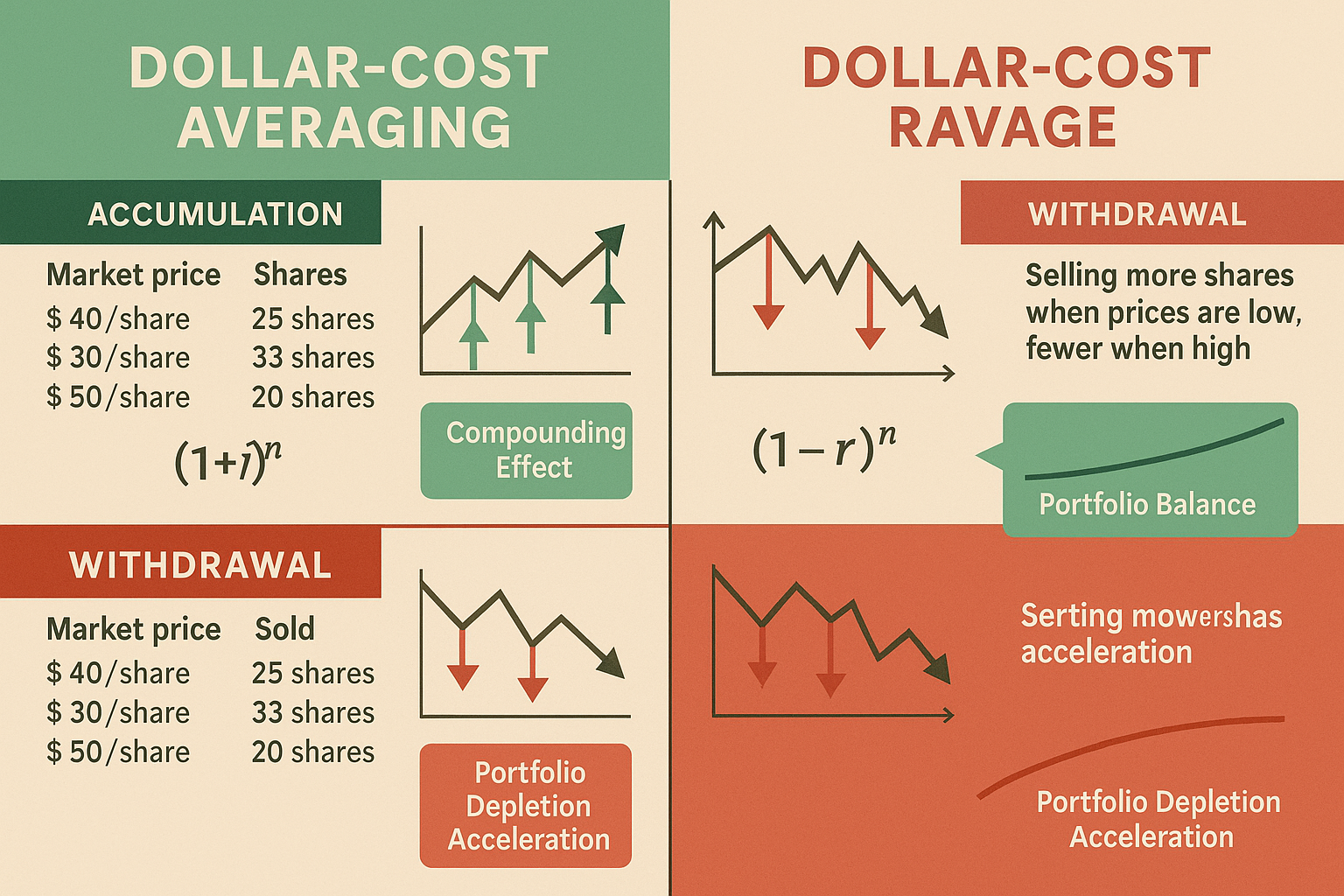 Educational chart visualization (1536x1024) demonstrating dollar-cost ravage versus dollar-cost averaging concepts. Top half shows accumulat