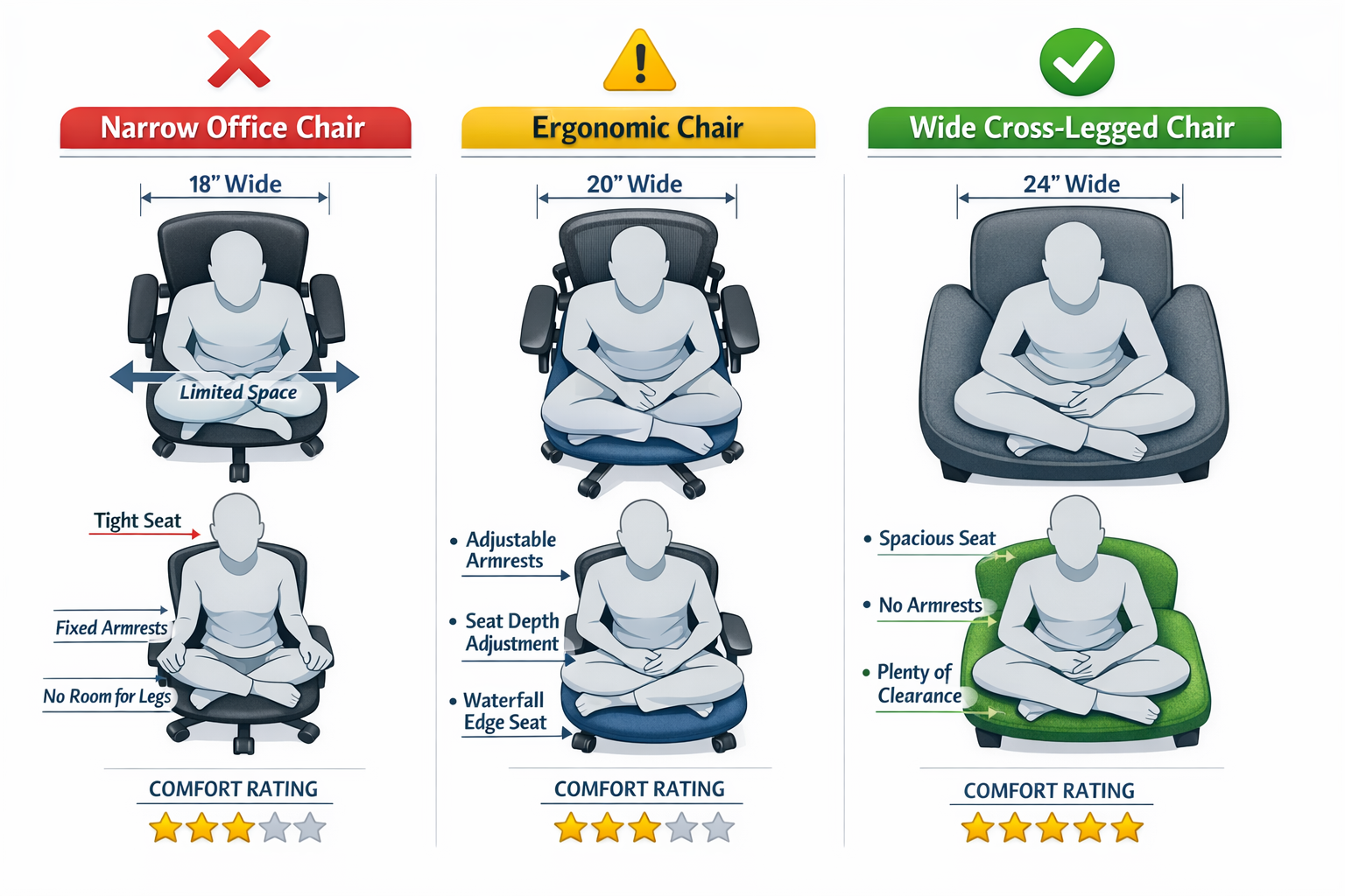 Landscape format (1536x1024) detailed comparison infographic showing three distinct chair types side-by-side: traditional narrow office chai
