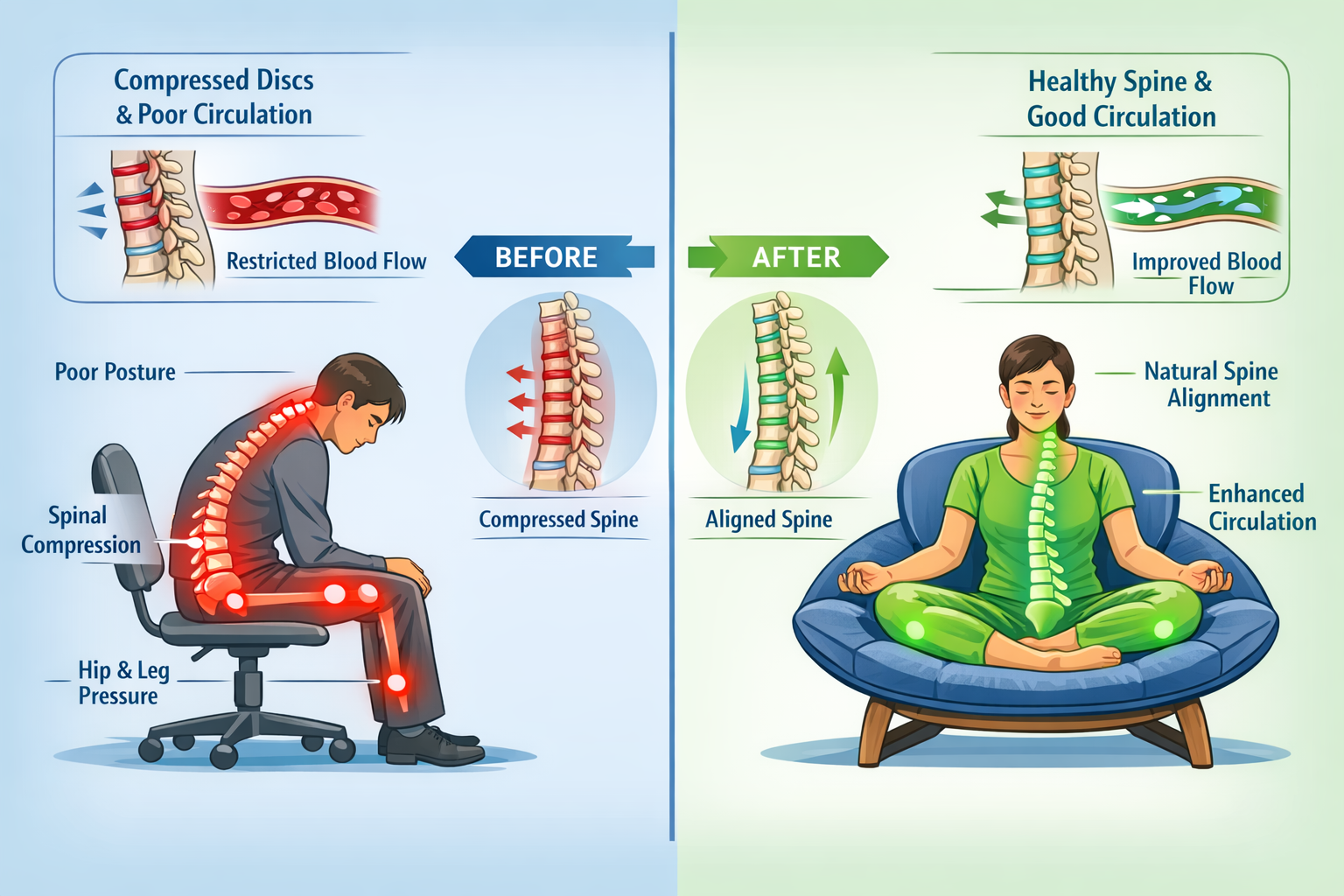 Landscape format (1536x1024) health benefits visualization showing split-screen composition: left side displays person slouching in traditio