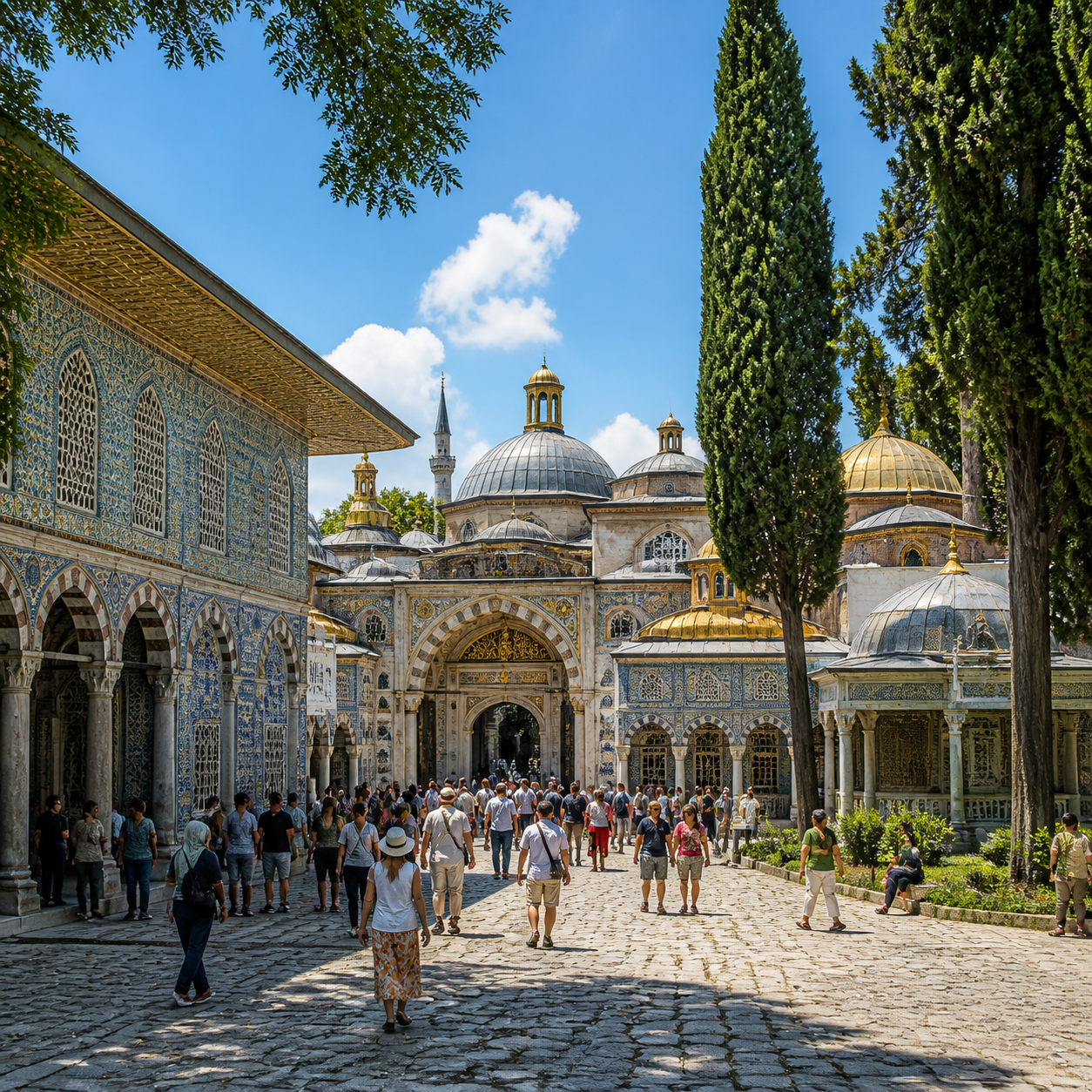 () editorial image showing Topkapi Palace grand courtyard in Istanbul at midday, ornate Ottoman-Byzantine archways with