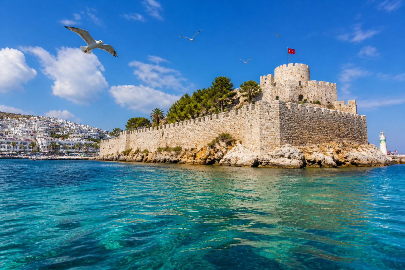 () editorial image showing Kusadasi Pigeon Island Castle from a low boat-level perspective on the Aegean Sea, ancient stone