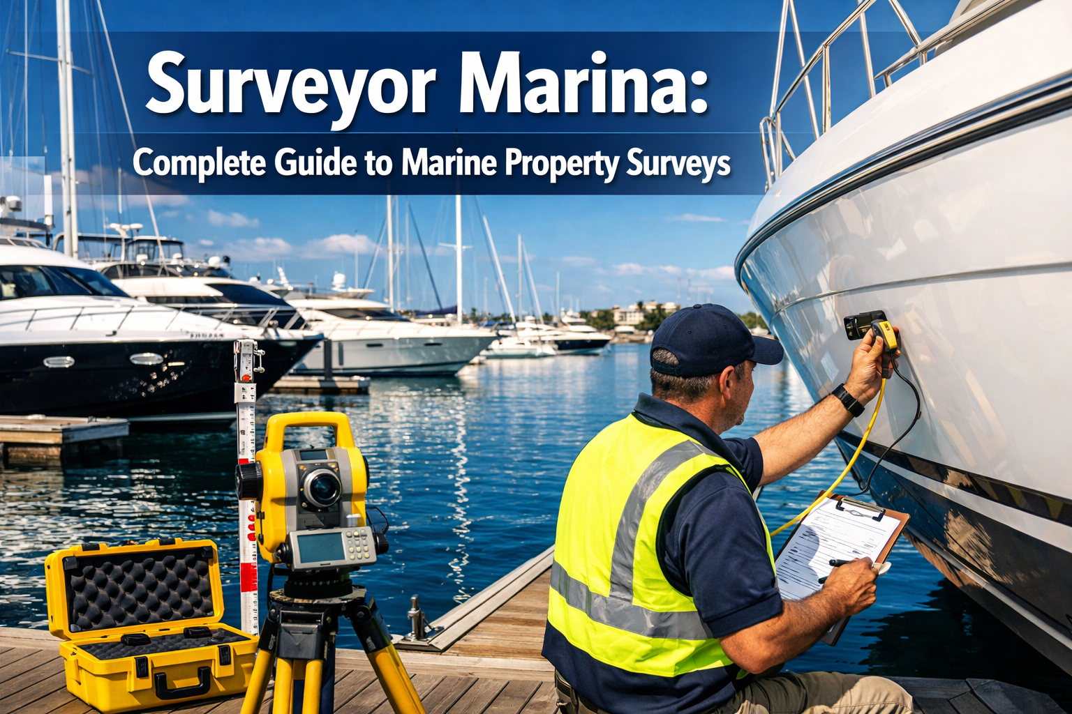 Professional landscape hero image (1536x1024) featuring bold text overlay 'Surveyor Marina: Complete Guide to Marine Property Surveys' in ex