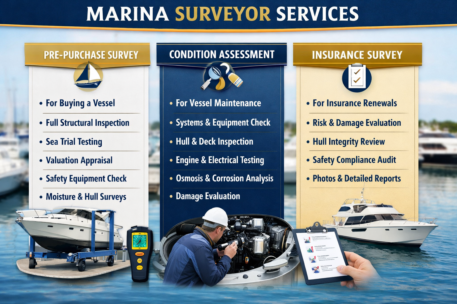 Landscape infographic image (1536x1024) displaying comprehensive marina surveyor services comparison chart with three columns showing pre-pu