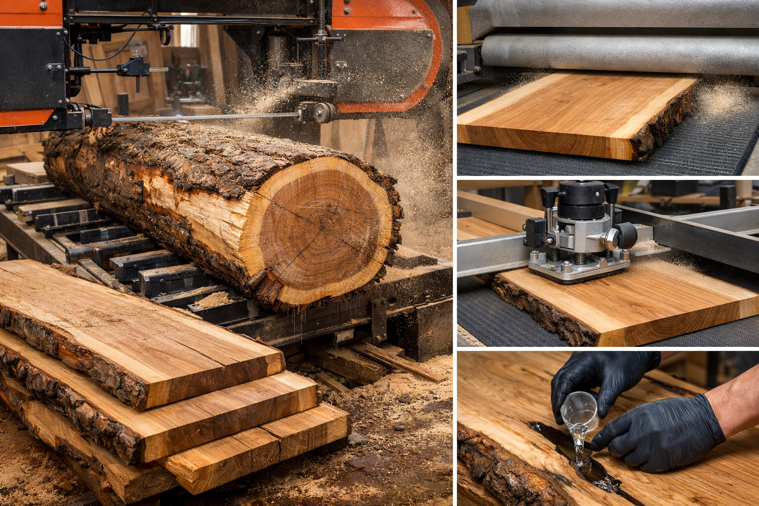 Landscape format (1536x1024) image illustrating the milling process for live edge slabs. A large band saw or chainsaw mill is actively cutti